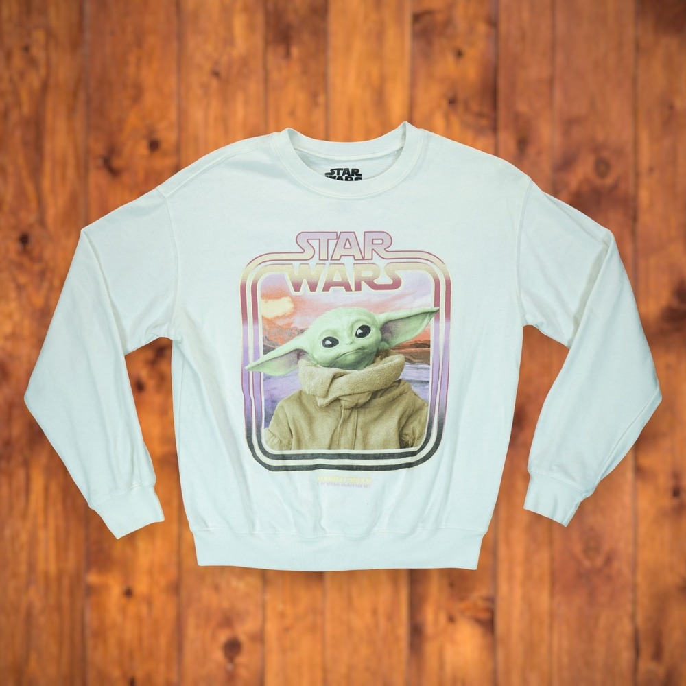 THE MANDALORIAN Womens‎ Sweater Large Ivory Baby Yoda Star Wars Grogu Sweatshirt